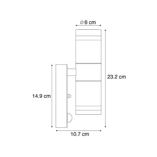 Maßzeichnung einer Wandleuchte mit Sensor: Durchmesser 6 Zentimeter, Höhe 23,2 Zentimeter, Wandhalterung 14,9 Zentimeter, Tiefe 10,7 Zentimeter.