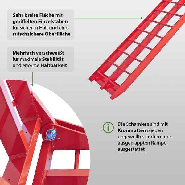 TRUTZHOLM 2 x Auffahrrampe klappbar 180 cm Traglast 680 kg Alu rot geriffelte Einzelstäbe Verladerampe