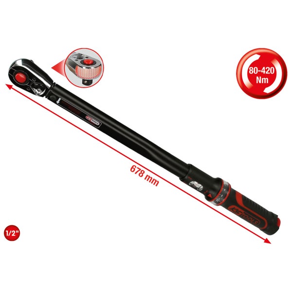 KS Tools Drehmomentschlüssel mit einer Länge von 678 Millimetern, einem Bereich von 80 bis 420 Newtonmeter und 1/2 Zoll Antrieb.