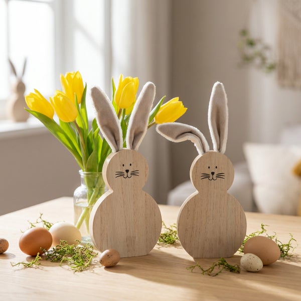 Zwei dekorative Osterhasen aus Holz mit Textilohren, arrangiert auf einem Holztisch mit gelben Tulpen und Ostereiern als Frühlingsdekoration.