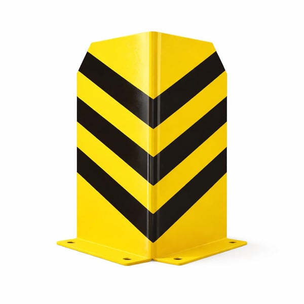 Eckschutz aus Metall mit gelb-schwarzen Streifen für die Bodenmontage.