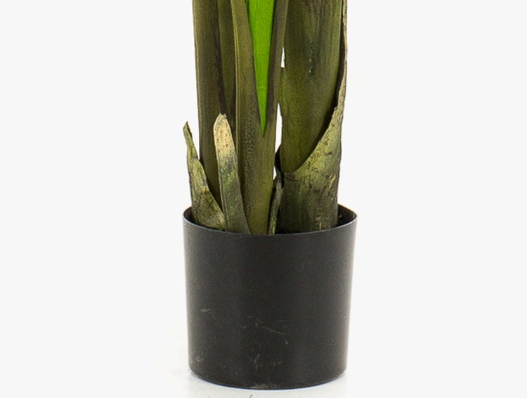 Unterteil einer Kunstpflanze mit strukturierten grünen Stielen in einem schwarzen zylindrischen Kunststofftopf.