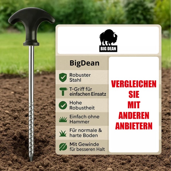 Big Dean Logo neben einem Stahl Hering mit T-Griff im Boden