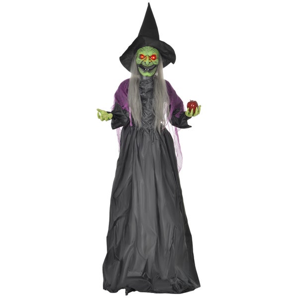 HOMCOM 180cm Halloween Dekoration Halloween-Hexe mit Giftapfel LED-Lichter, Soundfunktion, Haustür Deko mit verstellbare Arme, Garten Dekofigur in Lebensgröße für Party
