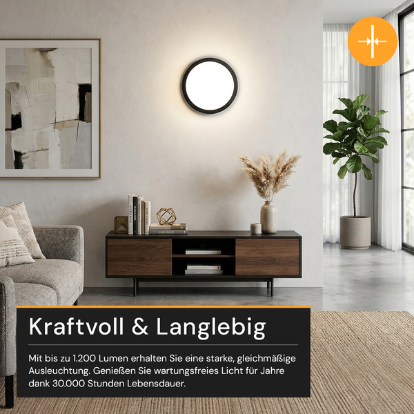 Moderne schwarze runde Wandleuchte in hellem Wohnzimmer über Sideboard. Kraftvolle, gleichmäßige Ausleuchtung mit 1200 Lumen und lange Lebensdauer.