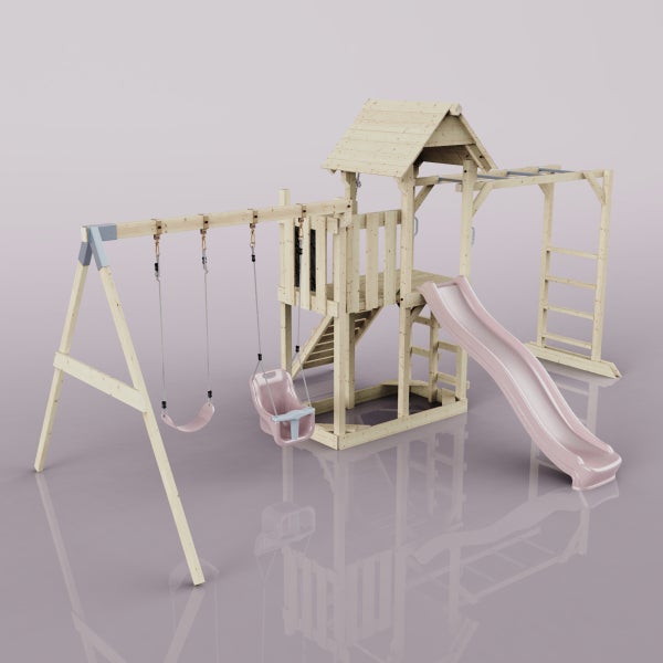 OutdoorToys Spielturm Helsingborg aus Holz in Rosa Babyschaukel
