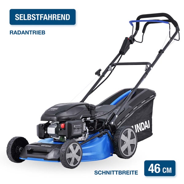 Hyundai Benzin-Rasenmäher in Blau und Schwarz, selbstfahrend mit Radantrieb, 46 Zentimeter Schnittbreite.