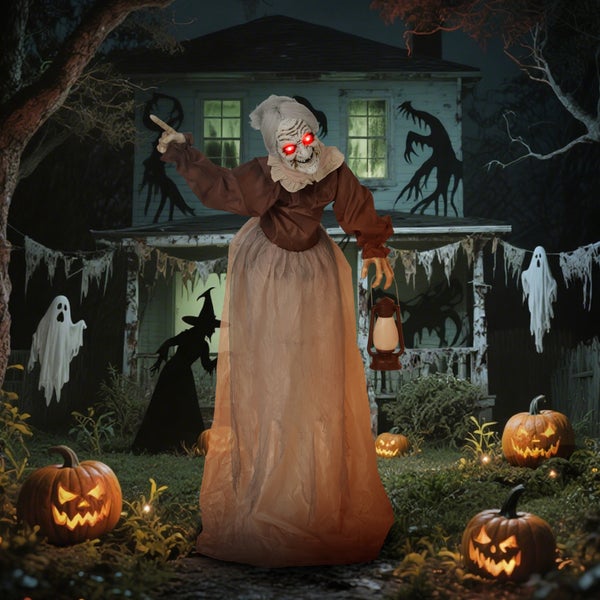 Dekorative Halloween-Szene mit animierter Oma, Kürbissen und Spukhaus
