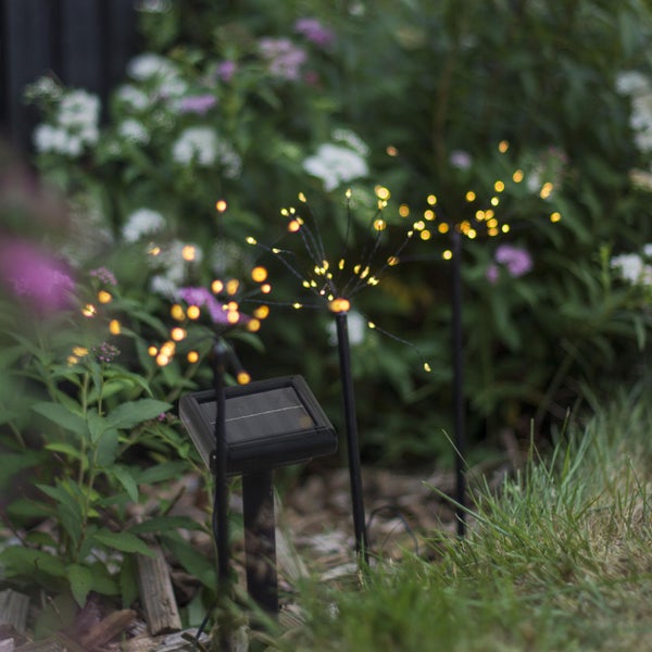 Gartenansicht mit Solar-Glühwürmchenleuchten zwischen Grünpflanzen