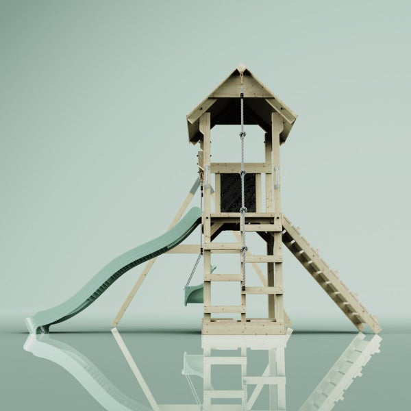 Spielturm mit Rutsche, Schaukel und Kletterseil für den Garten