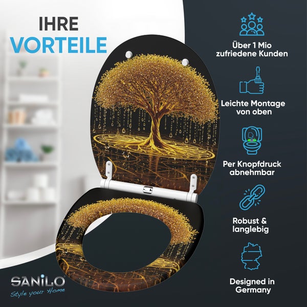Sanilo WC Sitz mit Baum Motiv und Vorteilsgrafiken wie einfache Montage, abnehmbar per Knopfdruck, robustes Material und Design aus Deutschland.