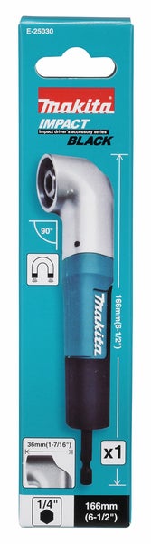 Makita Winkelvorsatz Impact Black für Schlagschrauber, 90 Grad, magnetisch, 166 Millimeter Länge, 1/4 Zoll Sechskantaufnahme.
