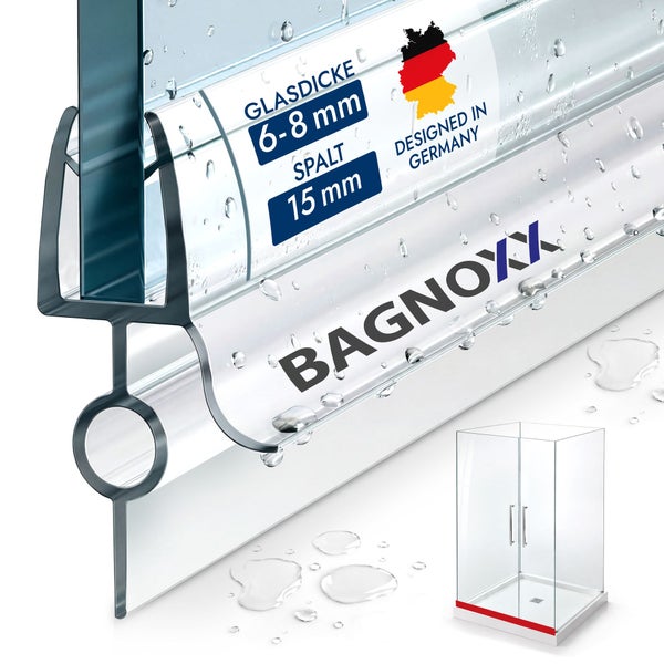 Bagnoxx Duschdichtung für Glasstärken von 6 bis 8 Millimeter und Spaltmaße von 15 Millimeter, Bagnoxx Logo, Entworfen in Deutschland.