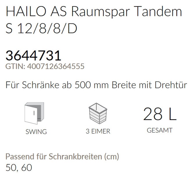 HAILO AS Raumspar Tandem Abfalleimer S 12/8/8/D für Schränke ab 500 mm Breite