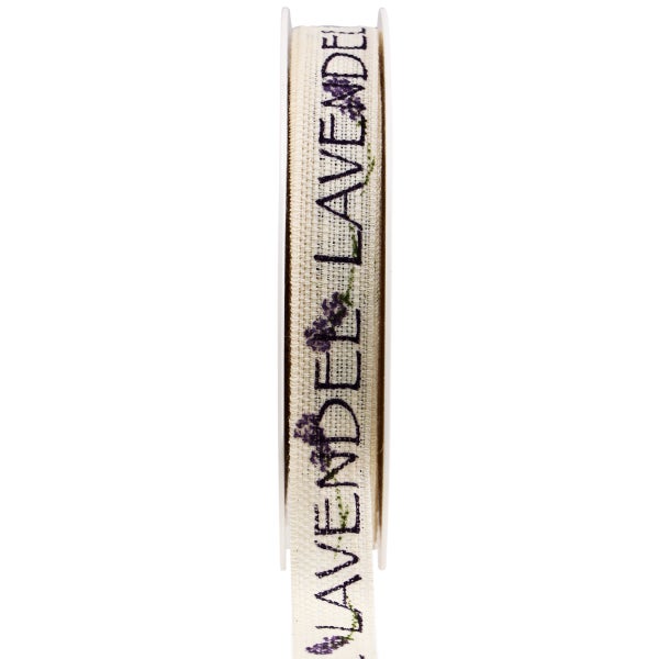Dekoratives Geschenkband mit Lavendelmuster auf einer Spule