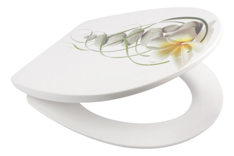 Calmwaters® WC Sitz mit Absenkautomatik Wellness-Motiv Plumeria, Thermoplast Toilettendeckel, abnehmbar, Top-Fix, universale O-Form, ovaler Toilettensitz, Komfort Klodeckel, Wellness-Dekor, 26LP5005