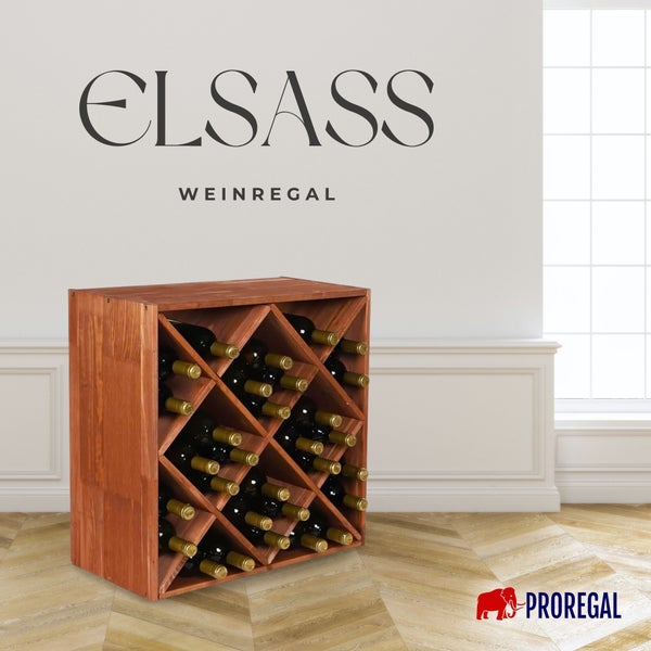 Proregal Weinregal Elsass aus Holz, gefüllt mit Weinflaschen, mit X-Fächern stehend auf Parkettboden.