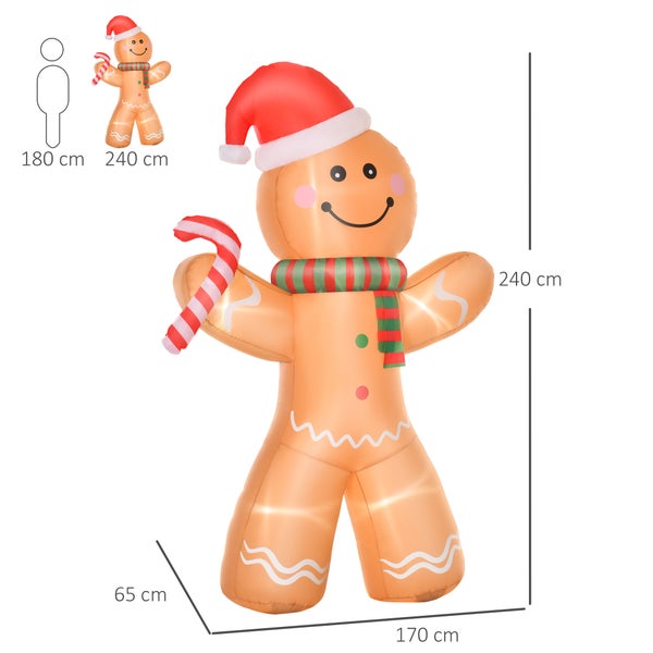 HOMCOM Aufblasbarer Lebkuchenmann, 2,4 m Weihnachtsdekoration mit Lichtern Aufblasbares Modell, wetterfest, 170 x 65 x 240 cm, Polyester-Stoff, Gelb