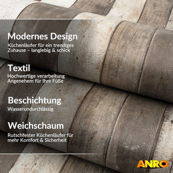 Rutschfester und wasserundurchlässiger Küchenläufer in Holzoptik aus Weichschaum. ANRO Logo.