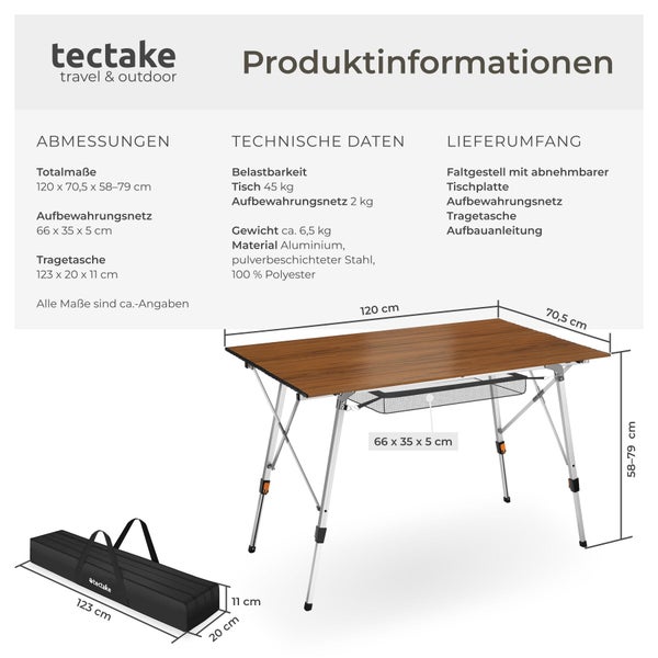Tectake Logo. Produktinformationen zum Campingtisch mit Holzoptik, Netz und Tasche. Maße circa 120 mal 70,5 mal 58 bis 79 Zentimeter.