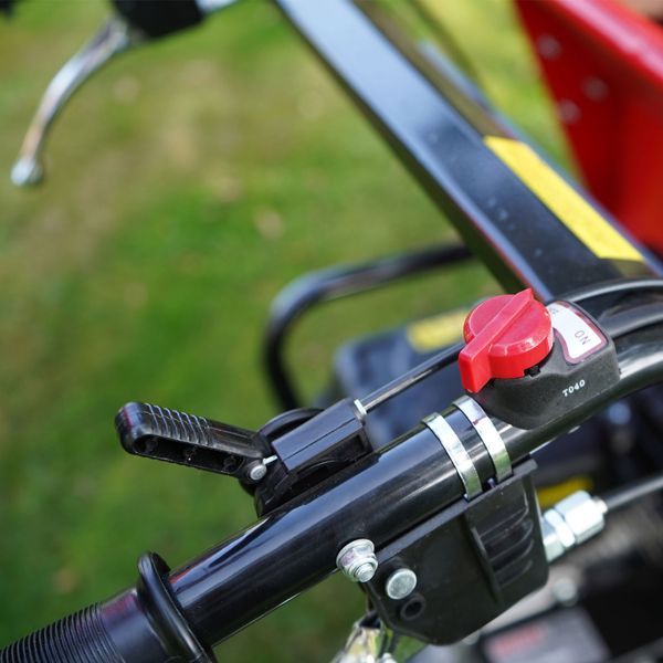 Bedienelemente am Führungsholm eines Gartengeräts mit rotem Drehschalter und schwarzem Hebel.