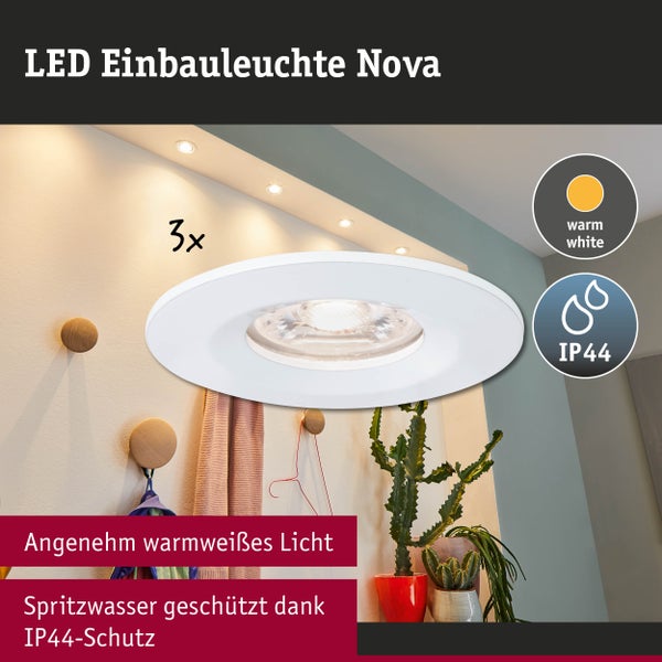 LED Einbauleuchte Nova im 3er Set mit warmweißem Licht und Spritzwasserschutz IP44.