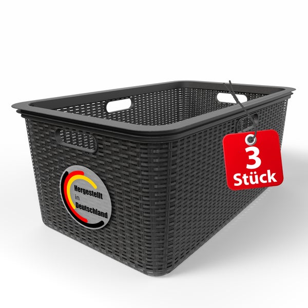 Aufbewahrungskorb aus Kunststoff im Flechtdesign, hergestellt in Deutschland, 3 Stück