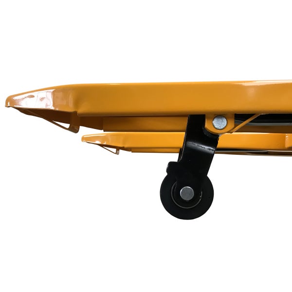 Detailansicht Gabelhubwagen: Hubwagenzinken und Radaufhängung