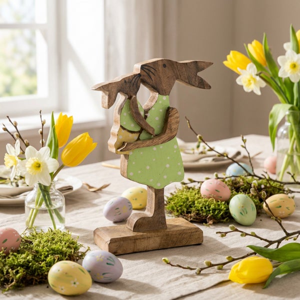 Osterhasenfigur aus Holz mit einem kleineren Hasen auf dem Arm, als Osterdekoration auf einem Tisch mit Blumen und bunt bemalten Ostereiern.
