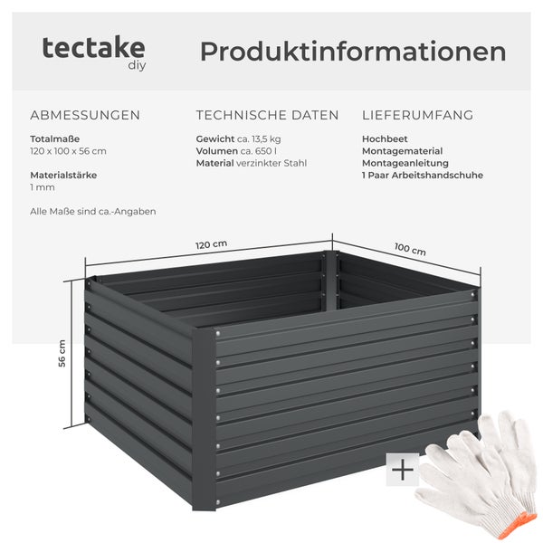 Hochbeet tectake Blomma 120 x 100 x 56 cm aus verzinktem Stahl anthrazit