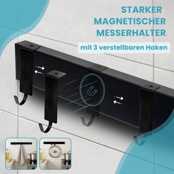 CHEFGASTRO Magnetleiste magnetische Messerleiste Messerhalter aus Metall | HxBxT 4x40x1,5cm | Inkl. 3 schwarze Haken | Schwarz |  extra stark magnetischer Messerstreifen zum Kleben oder Schrauben