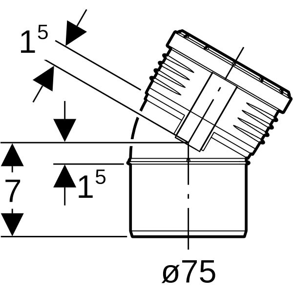 Technische Zeichnung eines Rohrbogens mit einem Durchmesser von 75 und den Maßangaben 1,5 und 7.
