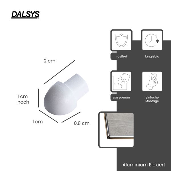 DALSYS Logo. Endstück für Fliesenprofile, eloxiertes Aluminium. Maße 2 mal 1 Zentimeter. Rostfrei, langlebig, passgenau, einfache Montage.