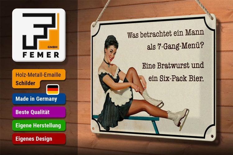 Blechschild Spruch 30x20cm 7-Gang-Menü Mann Wurst Bier