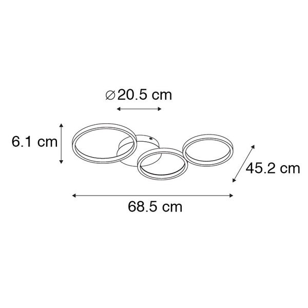 Technische Zeichnung einer Deckenleuchte mit den Maßen 20,5 cm Durchmesser, 6,1 cm Höhe, 45,2 cm Breite und 68,5 cm Länge.
