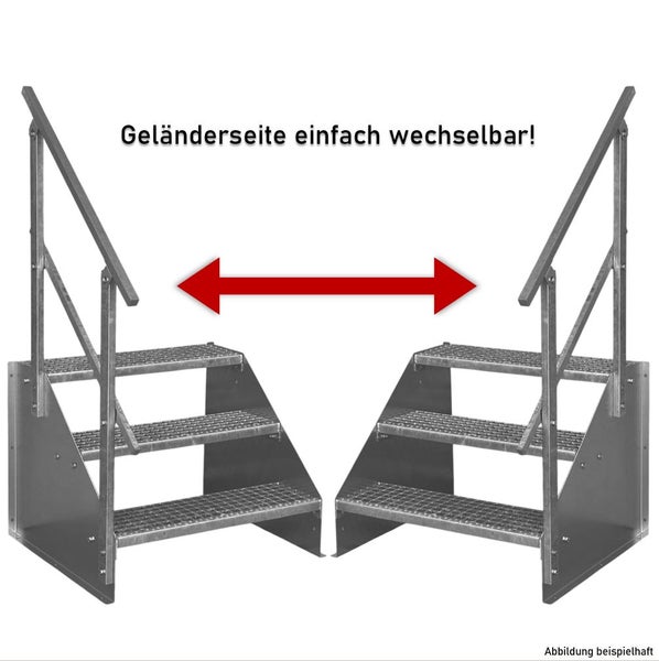 Verzinkte Stahltreppe mit drei Stufen und beidseitig montierbarem Geländer.