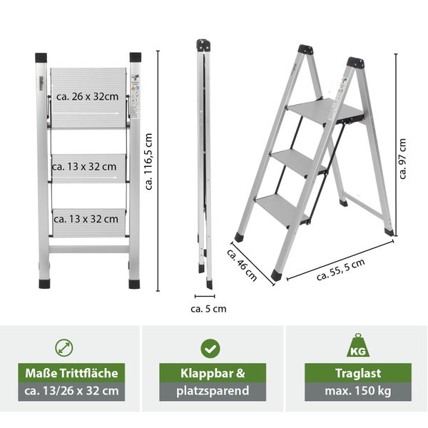 Aluminium Haushaltsleiter mit drei Stufen und Maßangaben