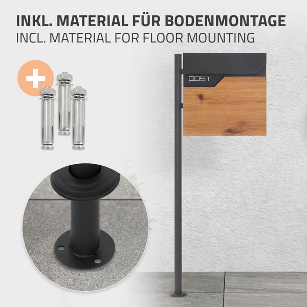 ECD Germany Standbriefkasten mit Zeitungsfach, Design Briefkasten mit Pfosten Briefkastenanlage, Briefkastenständer Anthrazit 120cm Edelstahl, Postkasten Anthrazit-Holzoptik Edelstahl pulverbechichtet