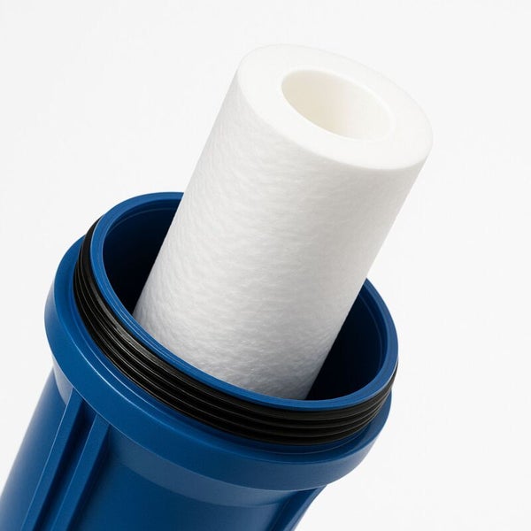 Weißer Wasserfilter-Einsatz in einem blauen Gehäuse zur Wasseraufbereitung.