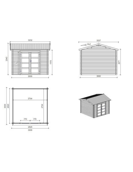 Technische Zeichnung eines Gartenhauses mit Maßen, Grundriss, Frontansicht, Seitenansicht und einer isometrischen Darstellung.