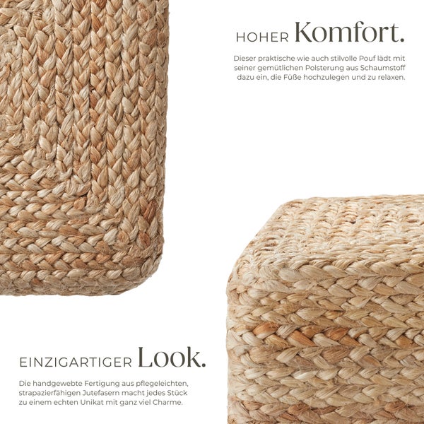 Nahaufnahme von Poufs aus geflochtenem Jute für den Innenbereich