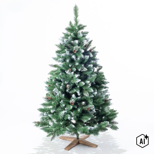 Künstlicher Weihnachtsbaum mit Schnee und Zapfen auf einem Holzständer