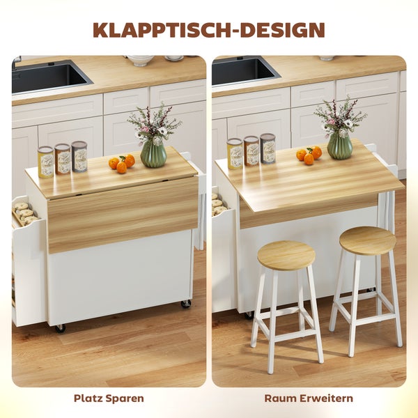 Mobiler Küchenwagen in Weiß mit klappbarer Tischplatte in Holzoptik, platzsparende und erweiterte Ansicht mit Barhockern.