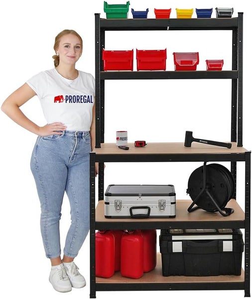PROREGAL Profi Werkbank GIANT BEAST HxBxT 180x100x60cm Fachlast 175kg Schwarz, Werkbankregal, Schwerlastregal mit Werkbank, Werkzeugbank, Arbeitstisch