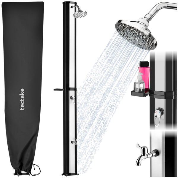 Solardusche für den Garten mit Regenduschkopf, Einhebelmischer, Fußbrause, Ablage und schwarzer Schutzhülle mit tectake Logo.