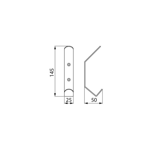 Technische Zeichnung eines Wandhakens mit den Maßen 145 Millimeter Höhe, 25 Millimeter Breite und 50 Millimeter Tiefe.