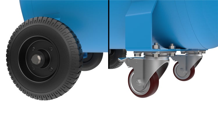 Detailansicht von Rädern und Rollen eines blauen Behälters.