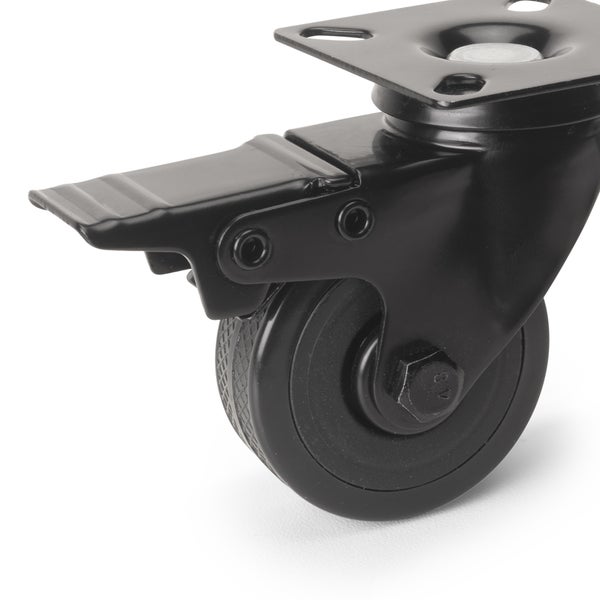 Schwarze Lenkrolle mit Feststeller aus Metall und Kunststoff für Möbel.