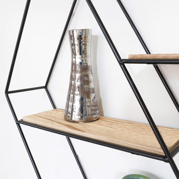 Wandregal aus schwarzem Metall, 3 Holzregale – Sechseck diagonal