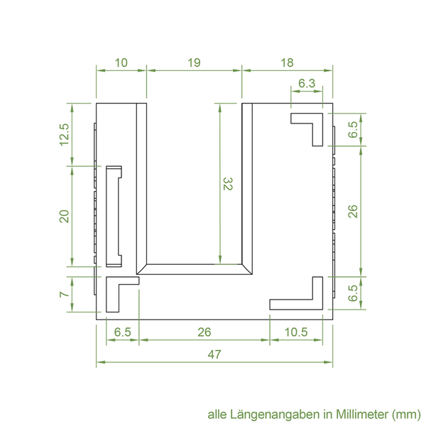 Technische Zeichnung mit Maßangaben eines Bauteils in Millimeter zur Veranschaulichung der Produktabmessungen.